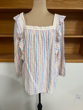 Chaps Pastel Multi-Stripe Square Neck Ruffle Sleeve Blouse